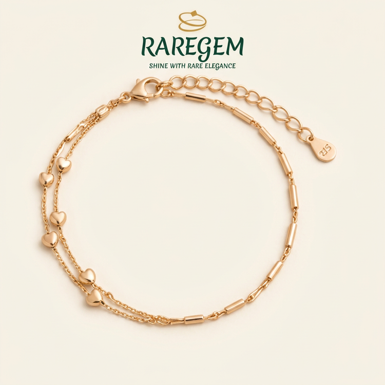 Double layer heart chain bracelet on ivory with RAREGEM logo