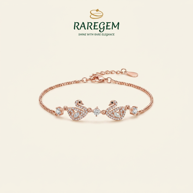 RG-028 Twin Swan CZ Bracelet on warm ivory with RAREGEM logo