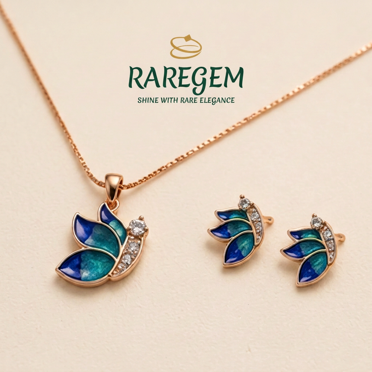 Blue enamel butterfly pendant and earrings set on ivory with RAREGEM logo