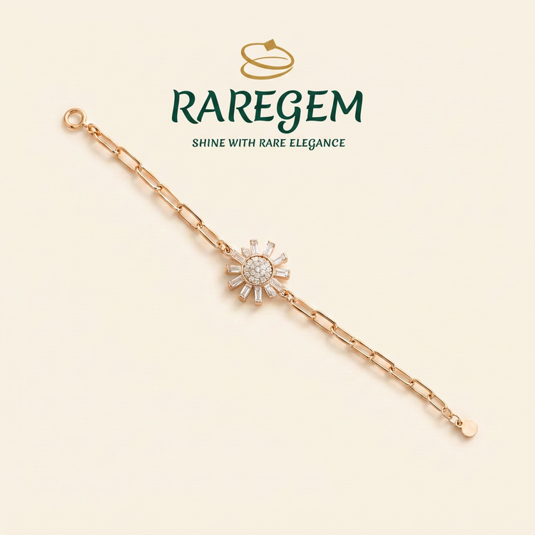 Sunflower CZ chain bracelet on ivory with RAREGEM logo