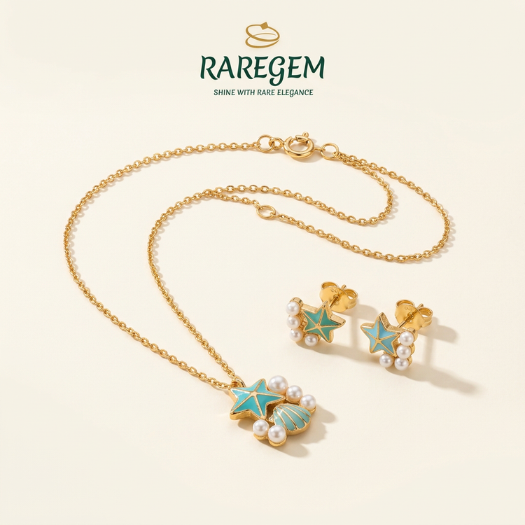 RG-032 Ocean Star Pearl Pendant and Stud Set on warm ivory with RAREGEM logo