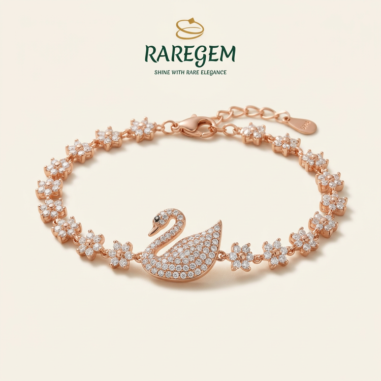 RG-023 Swan CZ Flower Chain Bracelet product-only on warm ivory with RAREGEM logo