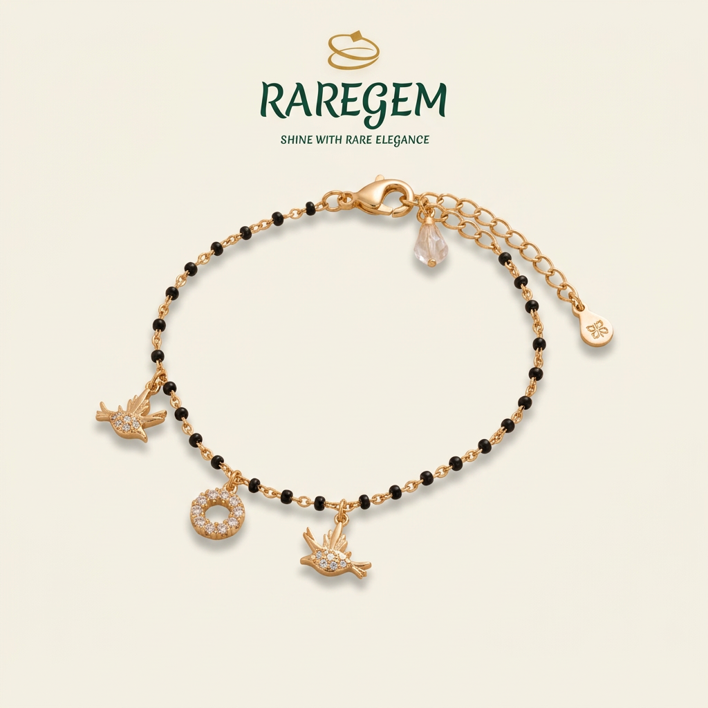 RG-021 Black Bead Charm Bracelet product-only on warm ivory with RAREGEM logo