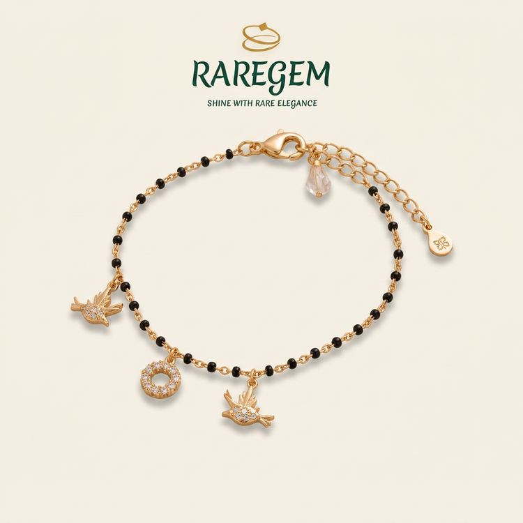 RG-021 Black Bead Charm Bracelet product-only on warm ivory with RAREGEM logo
