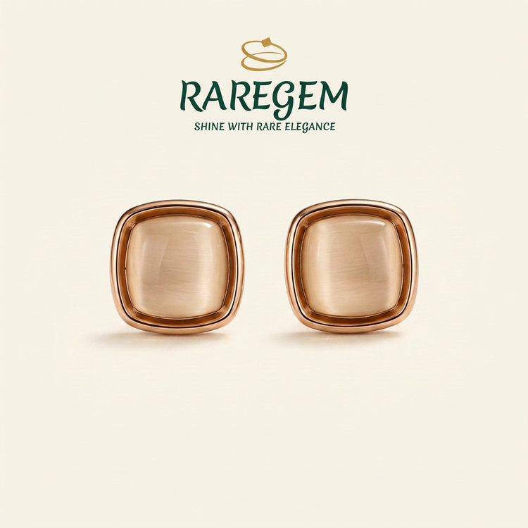 Moonstone square stud earrings on ivory with RAREGEM logo