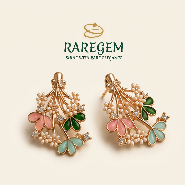 Enamel petal cluster earrings on ivory with RAREGEM logo