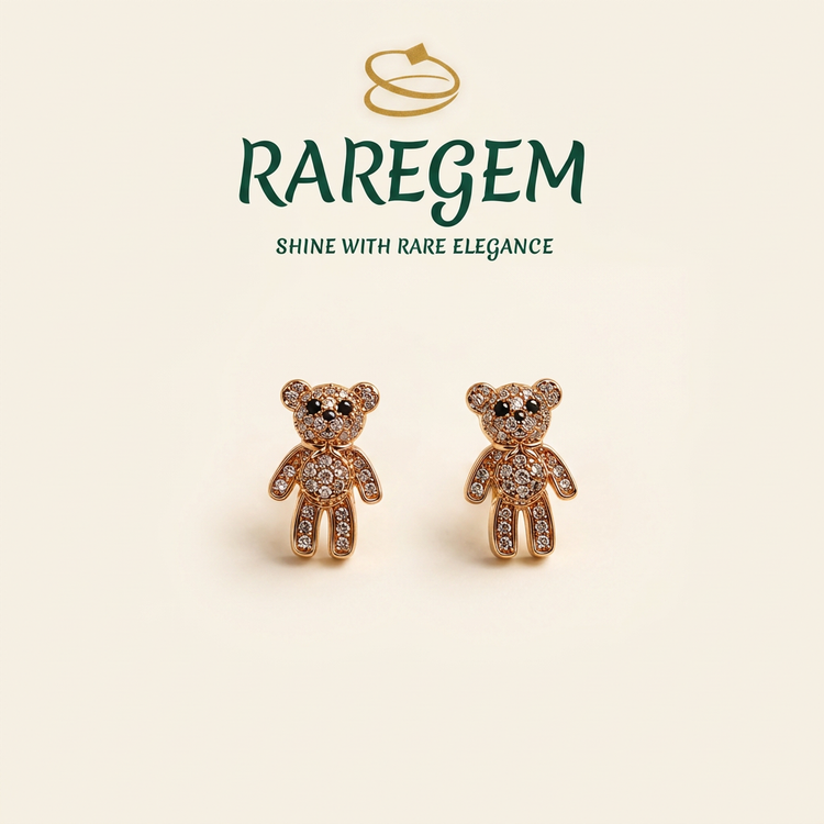 Teddy bear CZ stud earrings on ivory with RAREGEM logo
