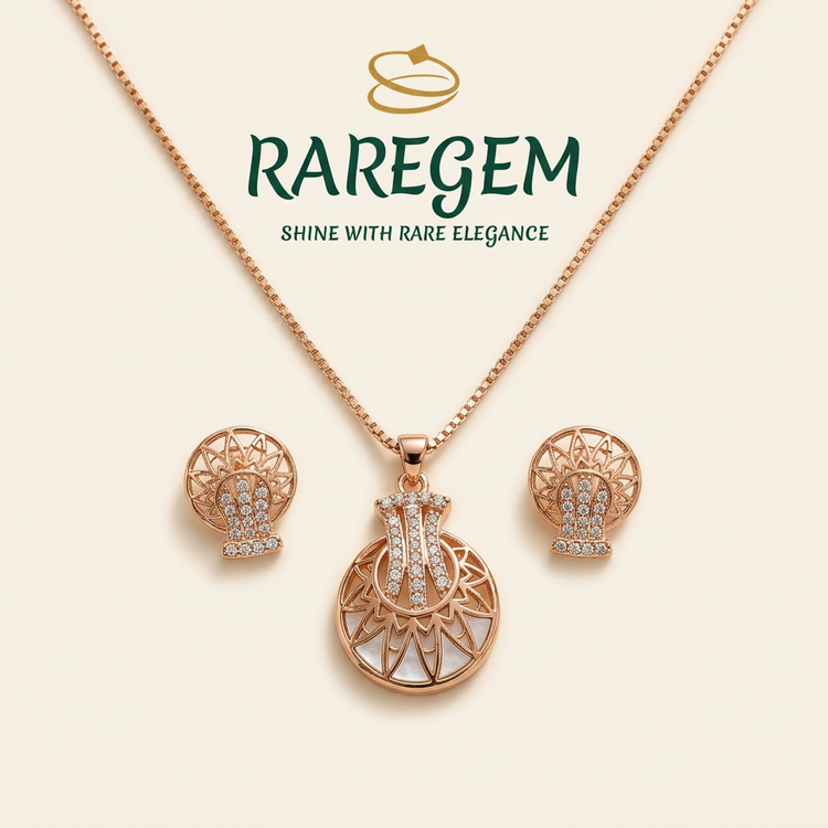 Mandala circle pendant and earrings set on ivory with RAREGEM logo
