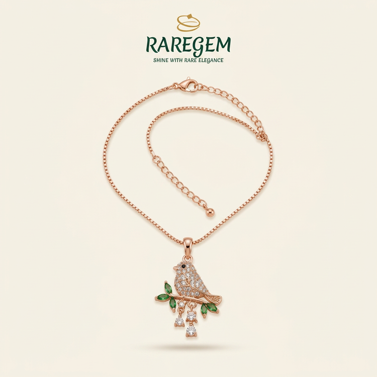 RG-022 rose gold plated Bird Branch CZ Necklace product-only on warm ivory with RAREGEM logo