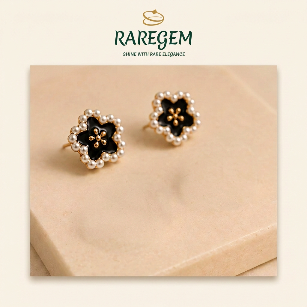 One pair of black enamel pearl-flower studs included in Everyday Stud Trio