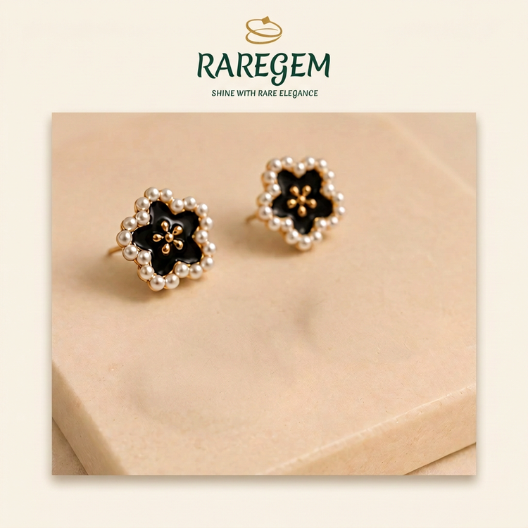 One pair of black enamel pearl-flower studs included in Everyday Stud Trio