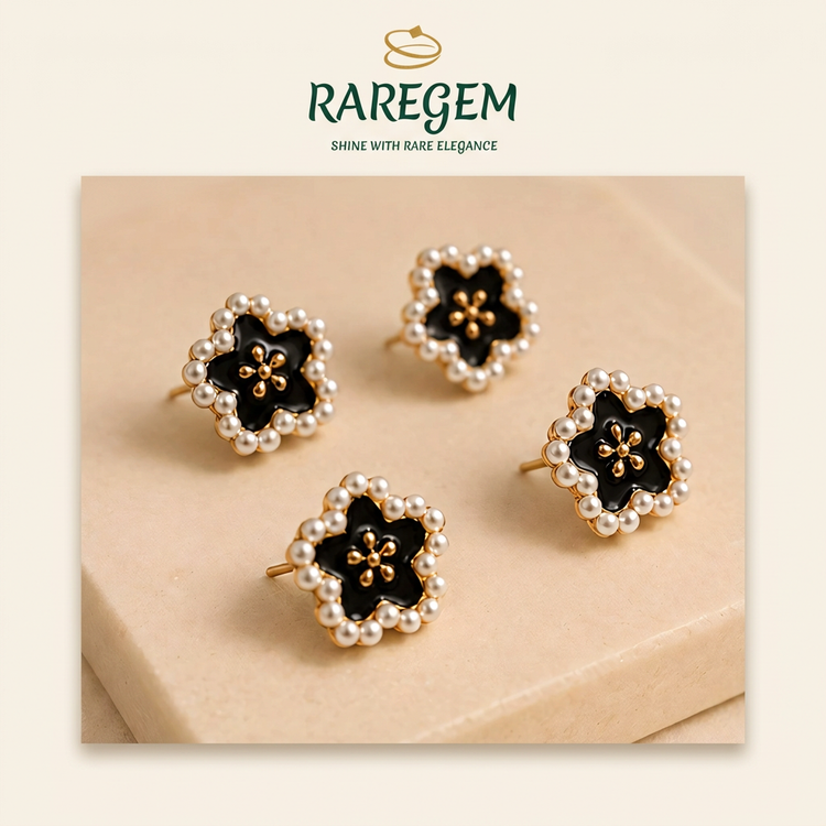 RG-016 Black Enamel Pearl Flower Studs on warm ivory with RAREGEM logo