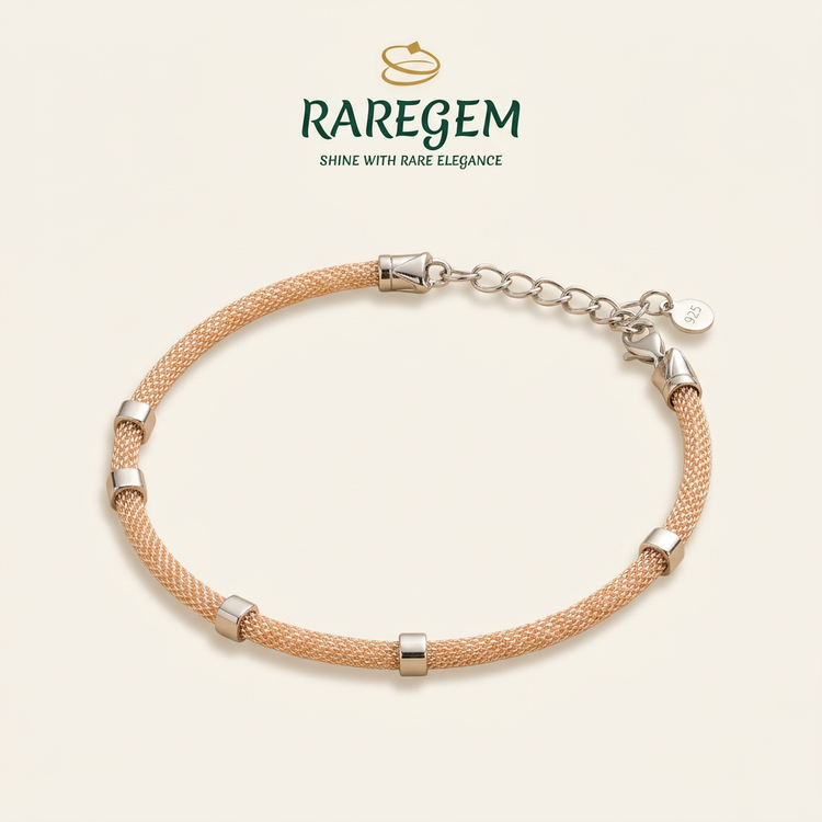 RG-015 Mesh Rope Silver Bracelet on warm ivory with RAREGEM logo