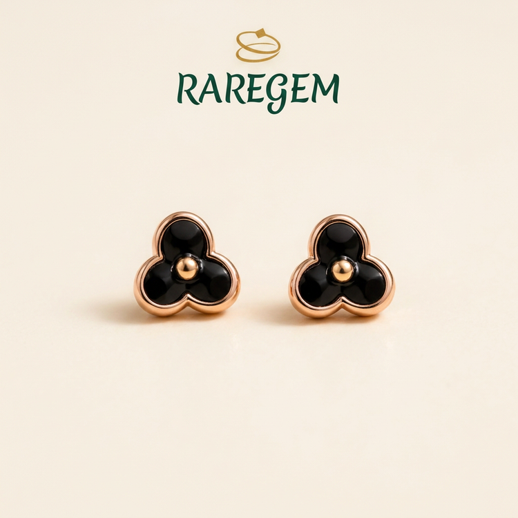 RG-026 Black Trifloral Stud Earrings on warm ivory with RAREGEM logo