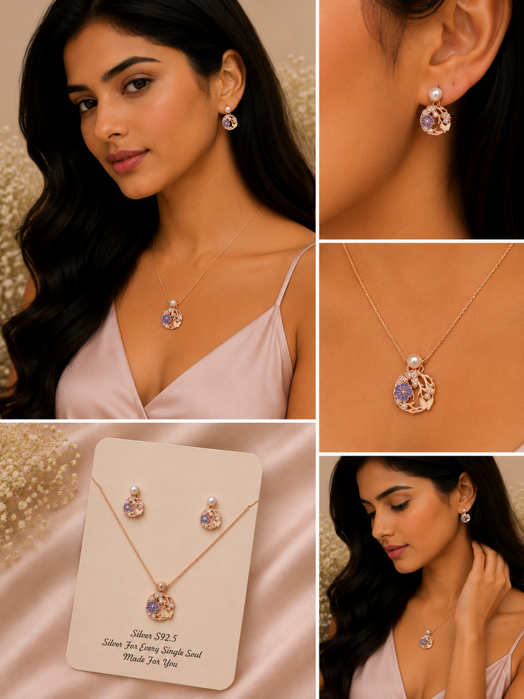 Lavender Pearl Floral Pendant & Earrings Set
