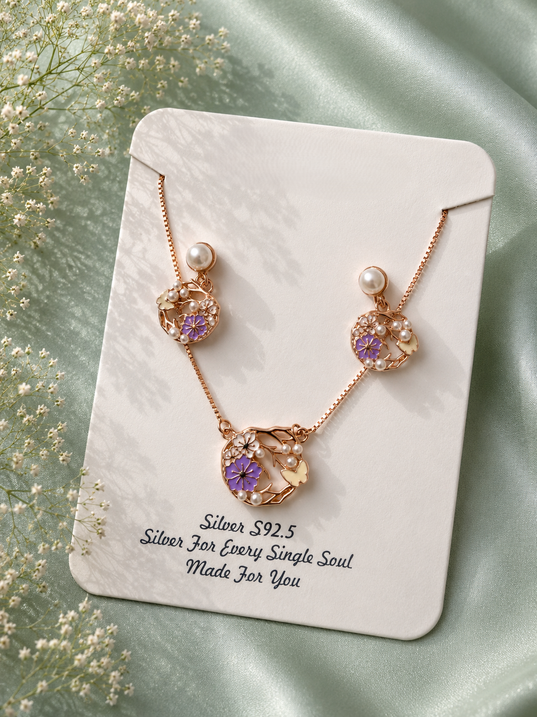 Lavender Pearl Floral Pendant & Earrings Set