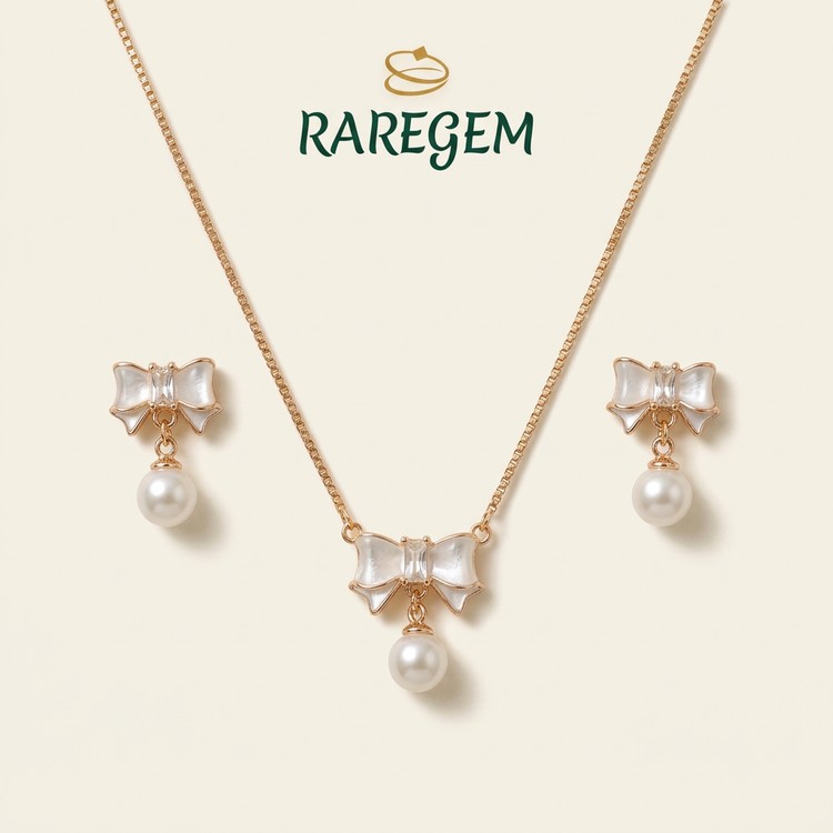 Pearl Bow Necklace & Earrings Set