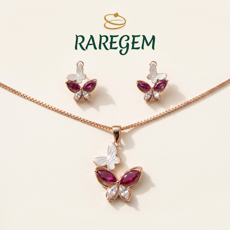 Ruby Butterfly Blossom Pendant Set