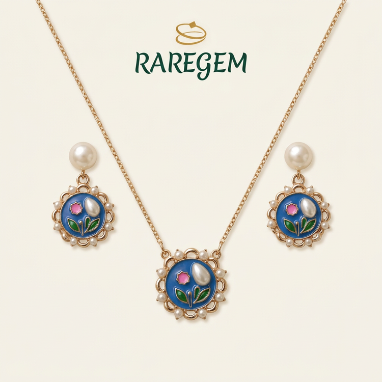 Blue Floral Pearl Pendant & Earrings Set