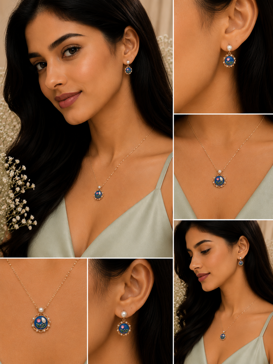 Blue Floral Pearl Pendant & Earrings Set