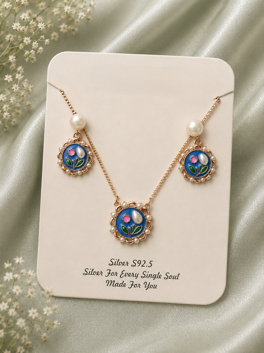 Blue Floral Pearl Pendant & Earrings Set