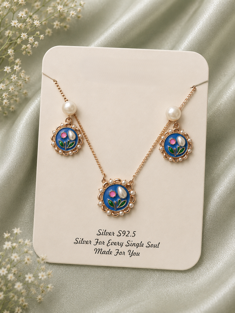 Blue Floral Pearl Pendant & Earrings Set