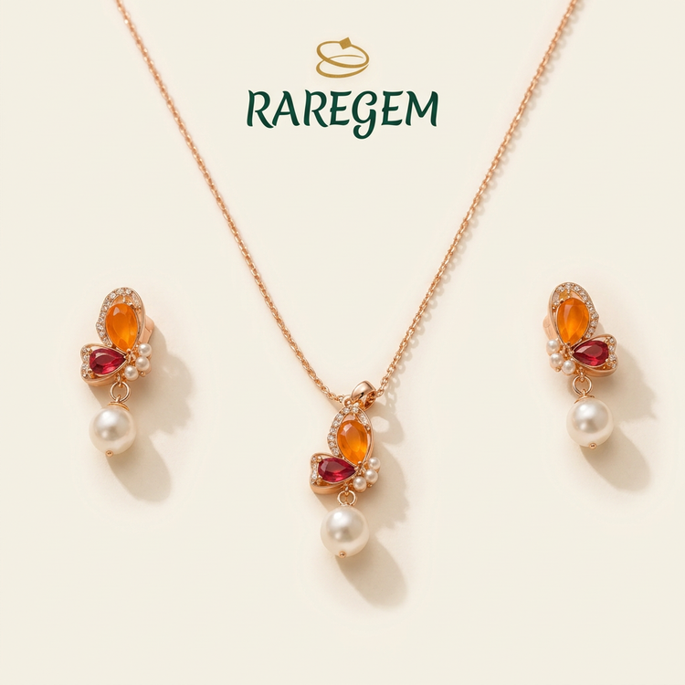 Amber Butterfly Pearl Pendant & Earrings Set