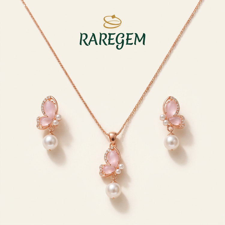 Blush Butterfly Pearl Pendant & Earrings Set