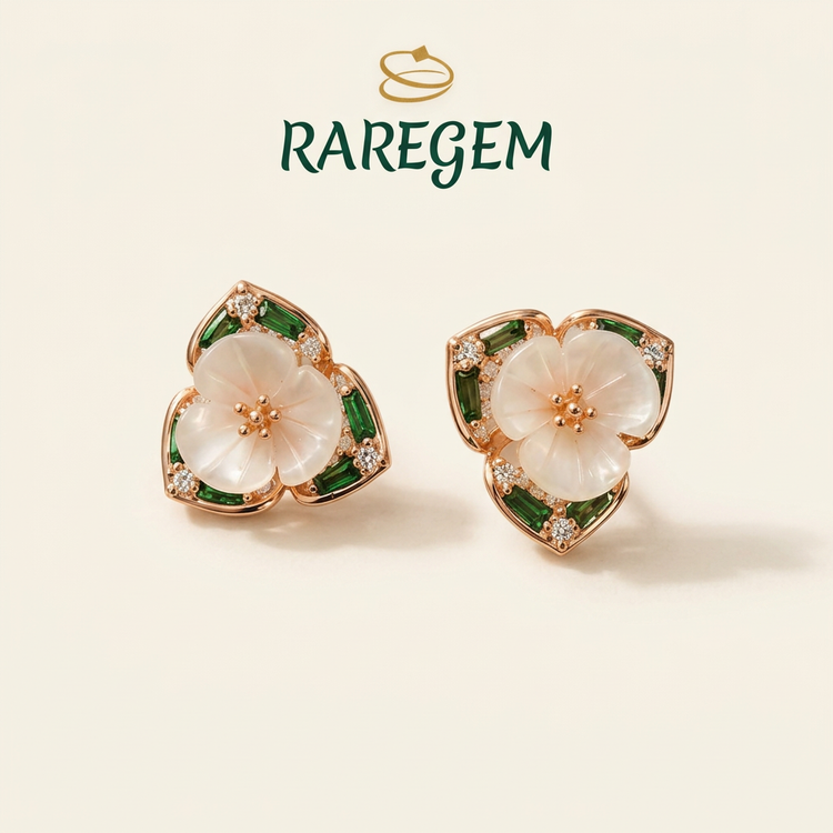 Green Mother Of Pearl Floral Stud Earrings for Women