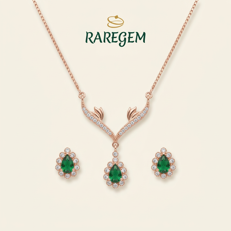 Green Sterling Silver Necklace And Earrings Set for Women