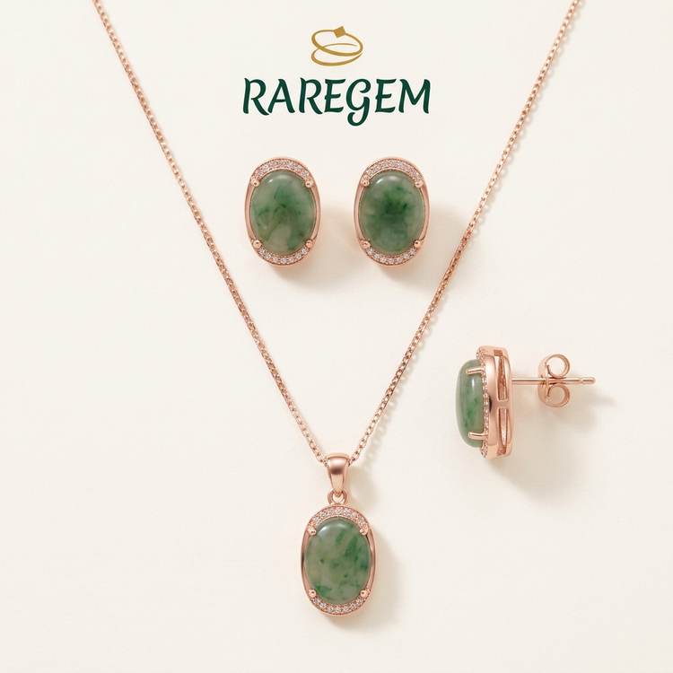 Green Sterling Silver Jade Necklace And Earring Set for Women