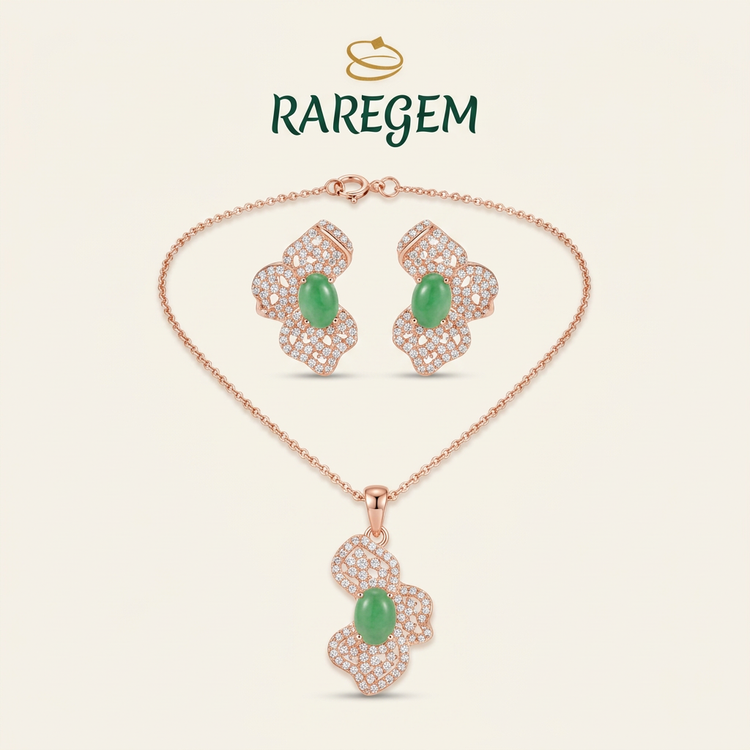 Rose Gold S925 Jade Green And Pink Stone Jewellery Set For Women