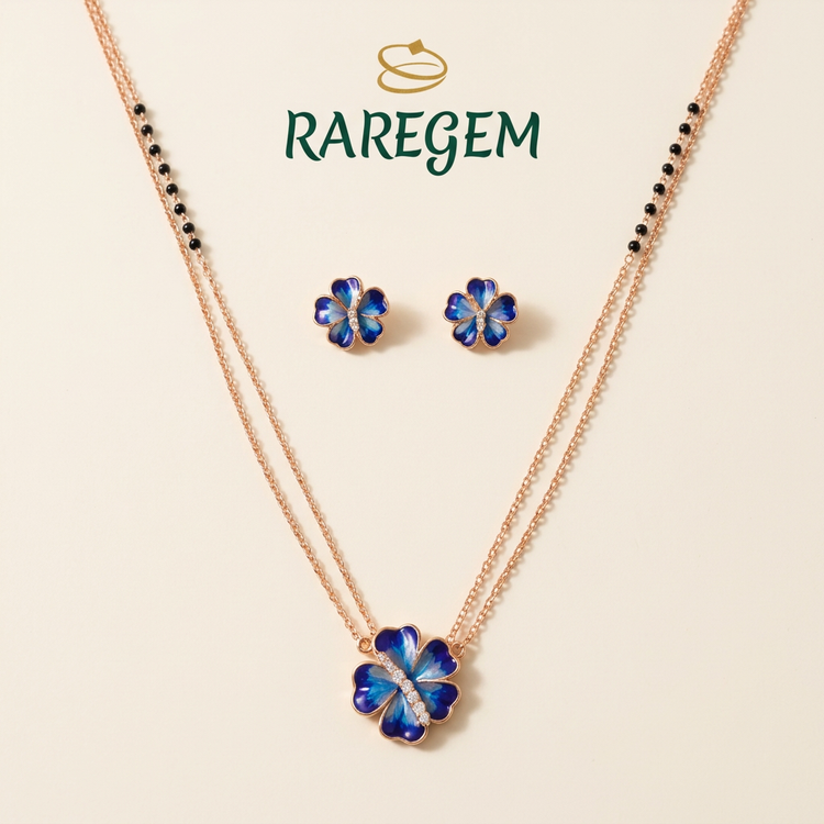 Blue Sterling Silver Floral Necklace And Earrings Set for Women