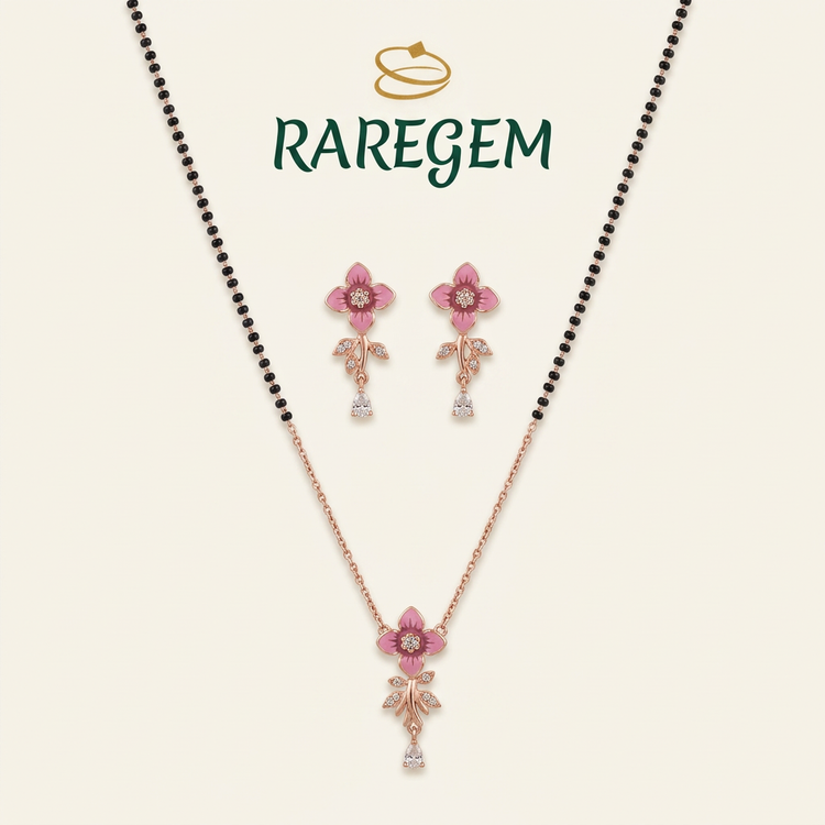 Pink Sterling Silver Floral Necklace And Earrings Set for Women