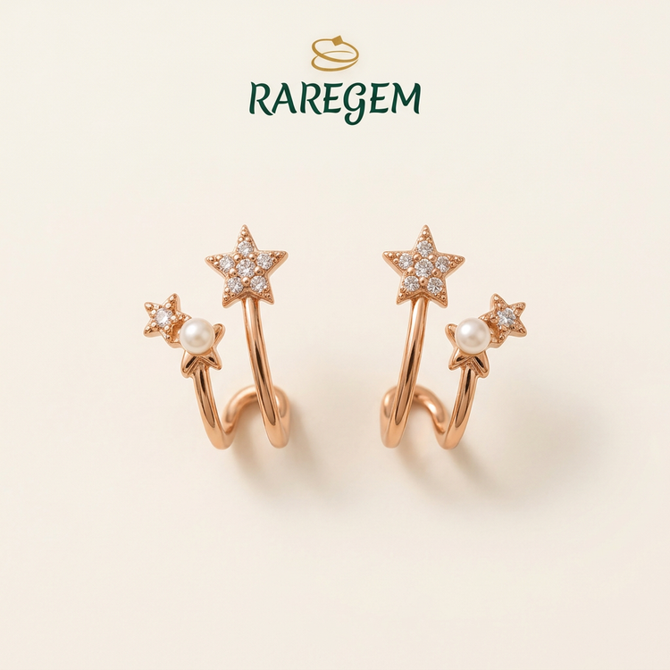 Gold-Tone Sterling Silver Star Pearl Ear Cuff Set for Women