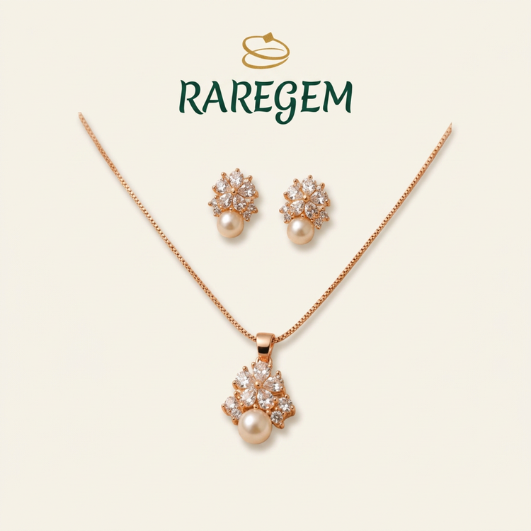 Gold Tone Sterling Silver Floral Pearl Jewellery Set for Women