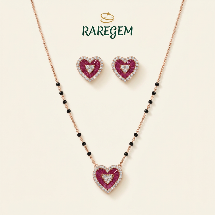Red Sterling Silver Heart Necklace And Earrings Set for Women