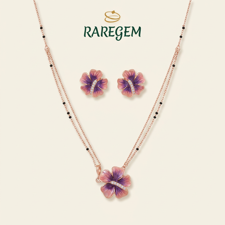 Rose Gold 925 Sterling Silver Floral Necklace And Earrings Set
