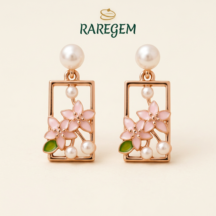 Gold Tone 925 Sterling Silver Floral Pearl Earrings for Women