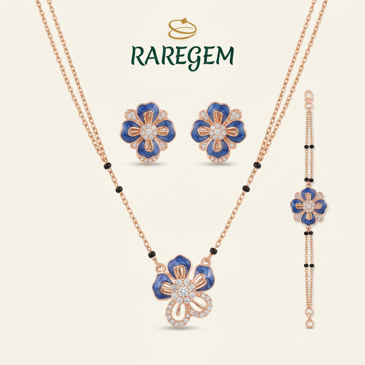 Blue Sterling Silver Floral Necklace And Earrings Set for Women