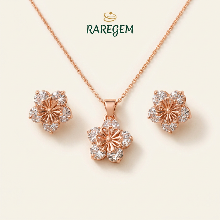 Rose Gold Sterling Silver Floral Jewellery Set for Women