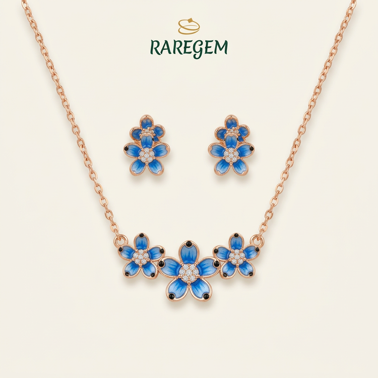 Blue Sterling Silver Floral Necklace Set for Women