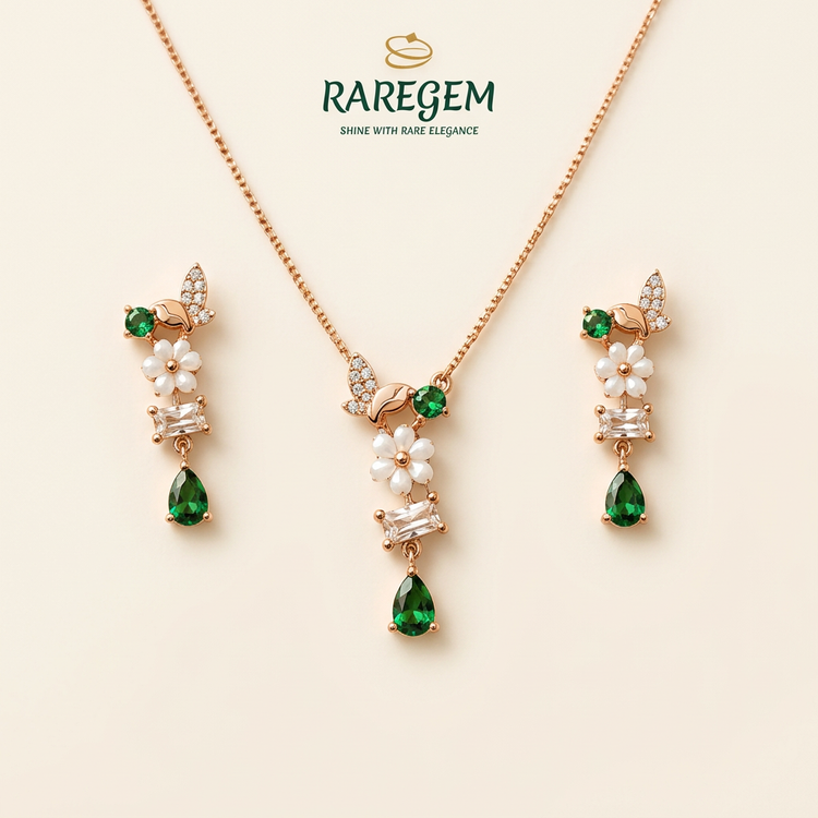 Rose Gold Plated 925 Silver Floral Necklace And Earrings Set for Women
