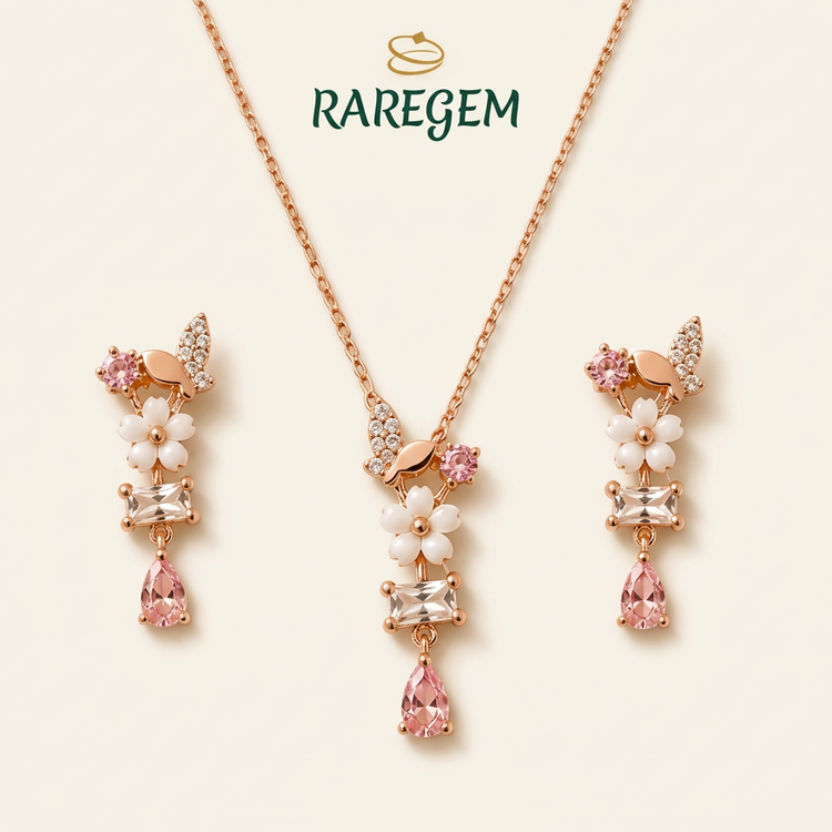 Rose Gold 925 Silver Floral Necklace And Earrings Set for Women