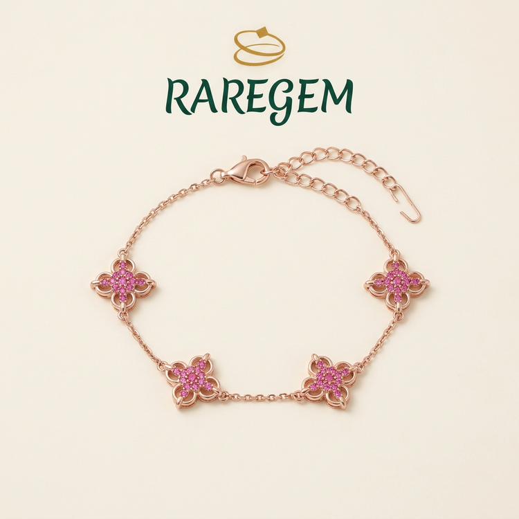 Pink 925 Sterling Silver Floral Bracelet for Women