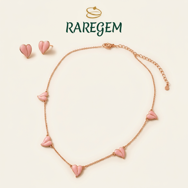 Pink Sterling Silver Heart Necklace And Earrings Set for Women